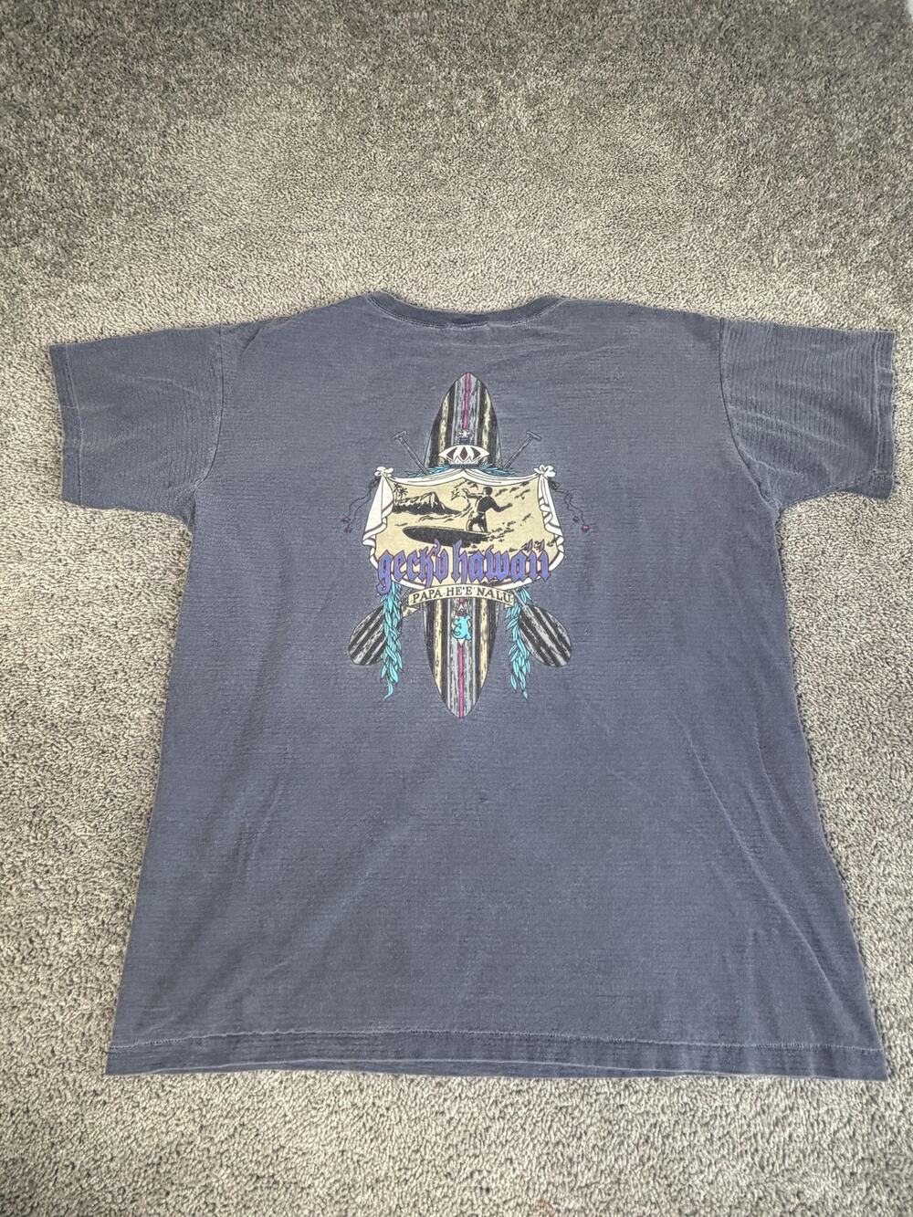 Vintage Gecko Hawaii Shirt Mens XL Blue Surfboard Graphic Ribbed Crew Neck 90s